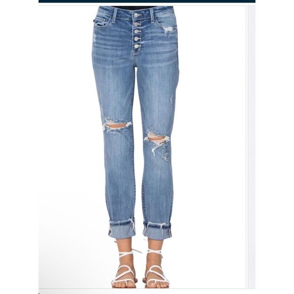Judy Blue button fly destroyed boyfriend high waist jeans 7/28 - Picture 1 of 10